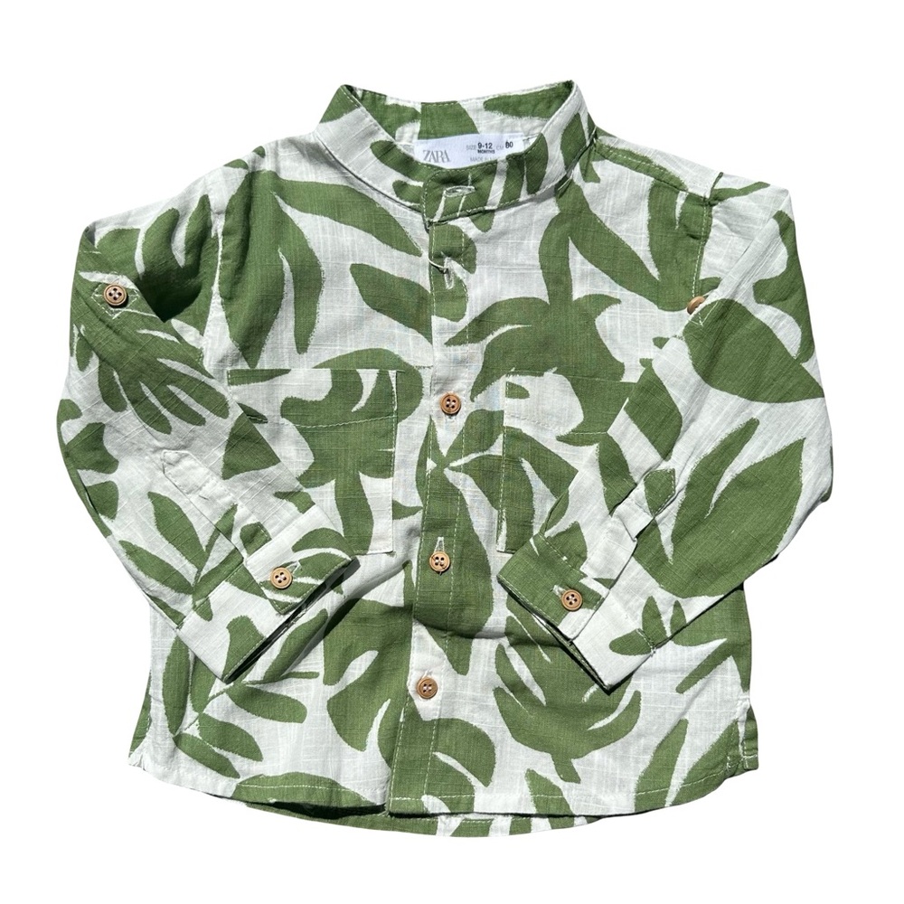 NWT Zara Boys Green Leaf Tropical Collared Button Up Shirt Size 9-12 Months